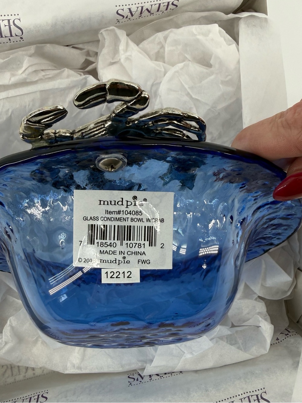 Mud Pie Blue Glass Bowl with Silver Crab Accent - Picture 3 of 5